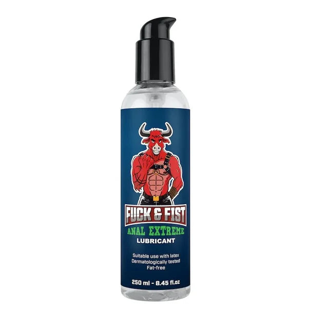 Bottle of Fuck & Fist Anal Extreme Lubricant with a red bull logo on a white background