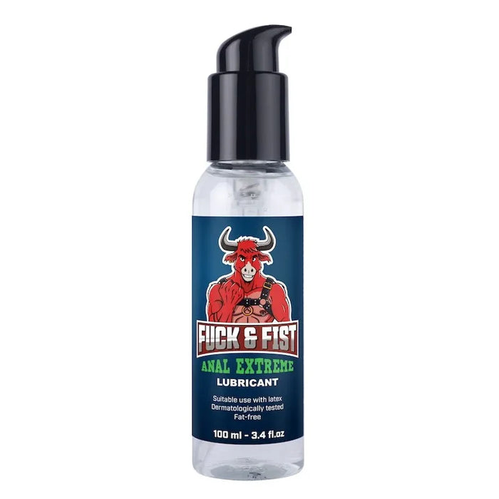 Bottle of Fuck & Fist Anal Extreme Lubricant with a red bull graphic on a white background