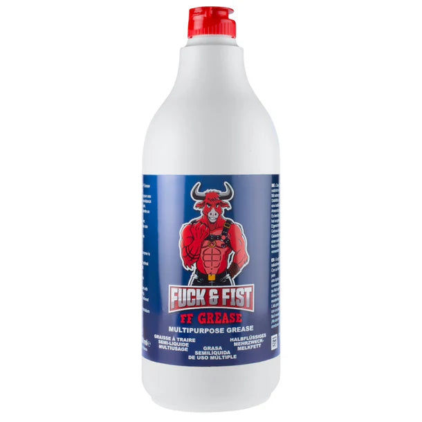 Bottle of FF Grease with a red cap on a white background