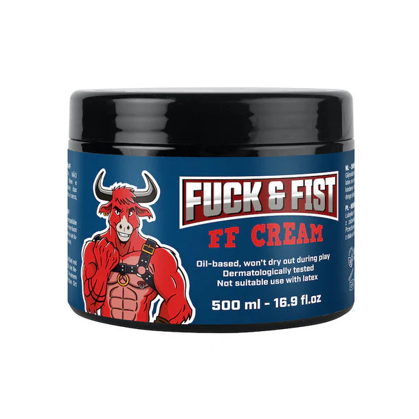 Container of Fuck & Fist FT Cream with a red bull illustration on a blue background