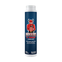 F&F Powder lubricant container with a blue label and red bull graphic on a white background