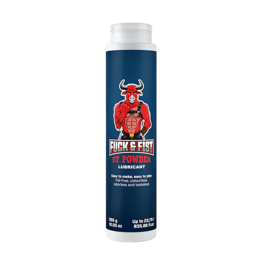F&F Powder lubricant container with a blue label and red bull graphic on a white background