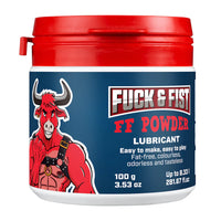 Container of Fuck & Fist FF Powder lubricant with a red lid and cartoon bull on the label.