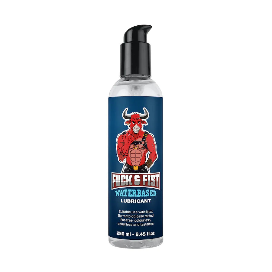 Bottle of Fuck & Fist water-based lubricant with a blue label featuring a red bull graphic on a white background.