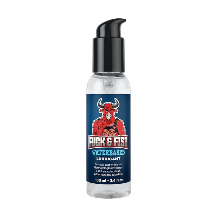 Bottle of Fuck & Fist water-based lubricant on a white background