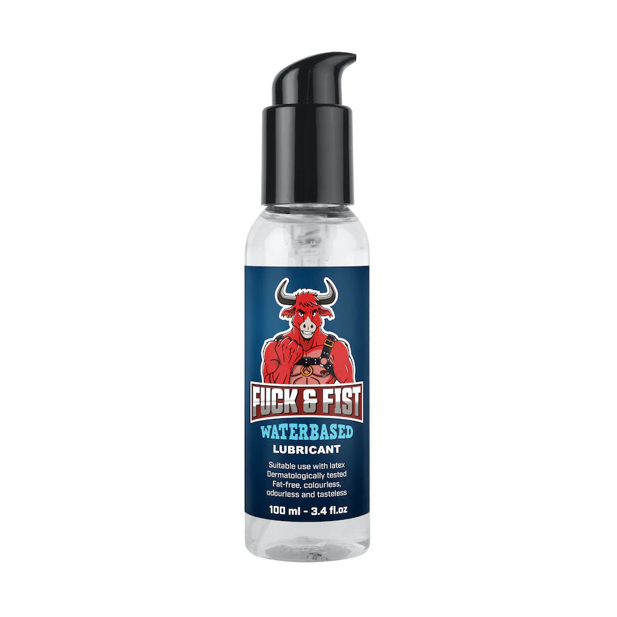 Bottle of Fuck & Fist water-based lubricant on a white background