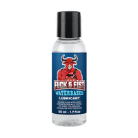Bottle of Fuck & Fist water-based lubricant with a red bull logo on a white background