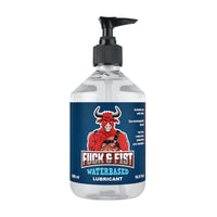 Bottle of Fuck & Fist water-based lubricant with a red bull logo on a white background