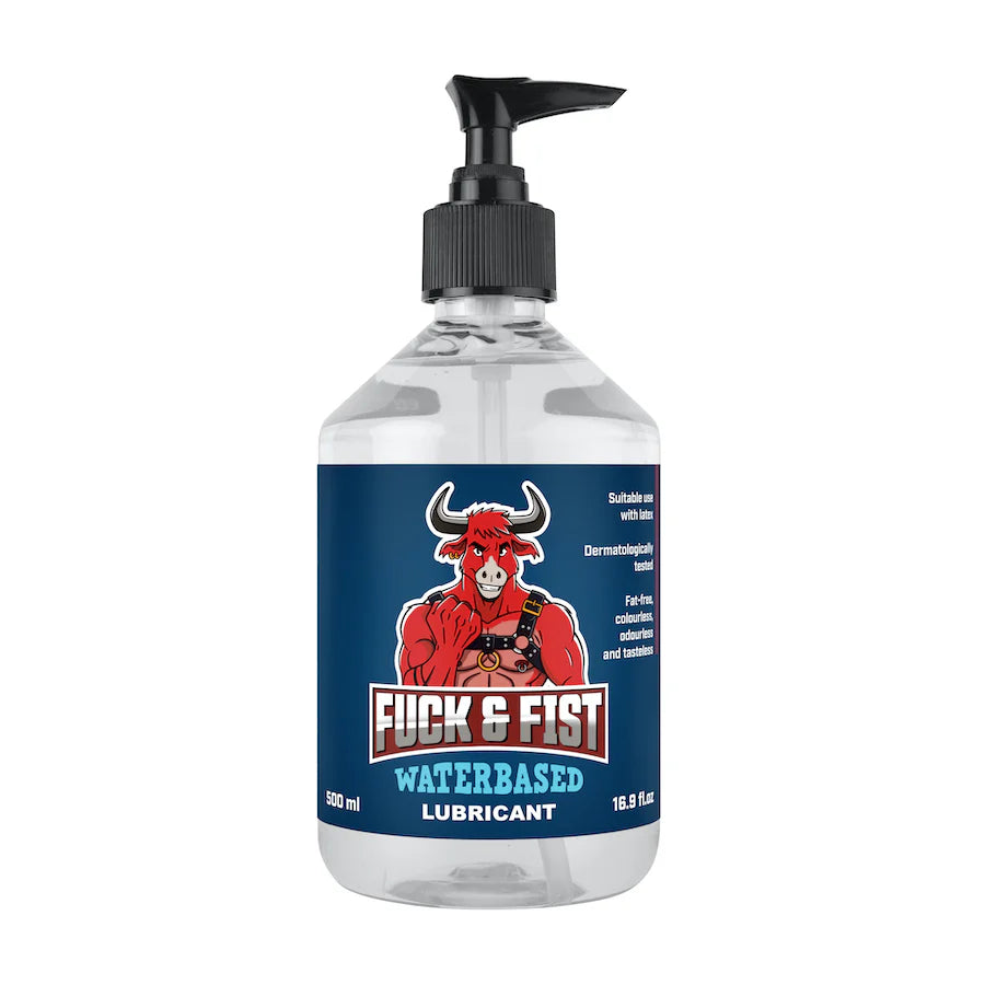 Bottle of Fuck & Fist water-based lubricant with a red bull logo on a white background