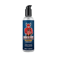 Silicone lubricant bottle with a blue label featuring a bull graphic on a white background