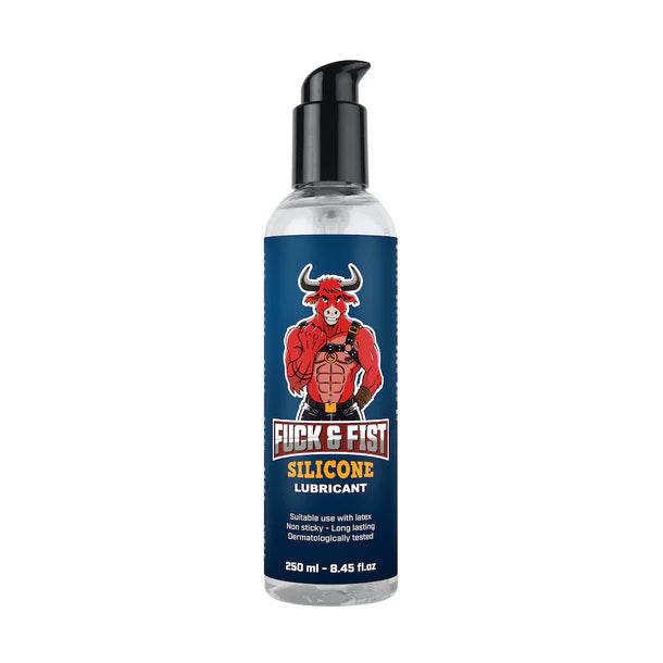 Silicone lubricant bottle with a blue label featuring a bull graphic on a white background