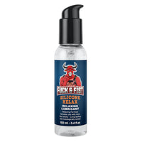 Silicone relaxant bottle with a red bull graphic on a blue label against a white background