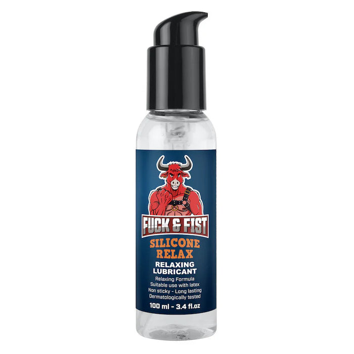 Silicone relaxant bottle with a red bull graphic on a blue label against a white background