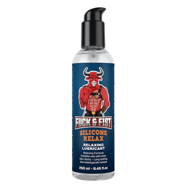 Silicone relax lubricant bottle with a blue label featuring a red bull graphic on a white background.