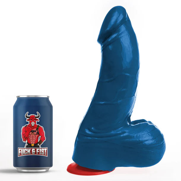 Blue thor dildo large next to a can with a logo on a white background