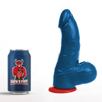 Blue thor med dildo with balls next to a can with a logo on a white background