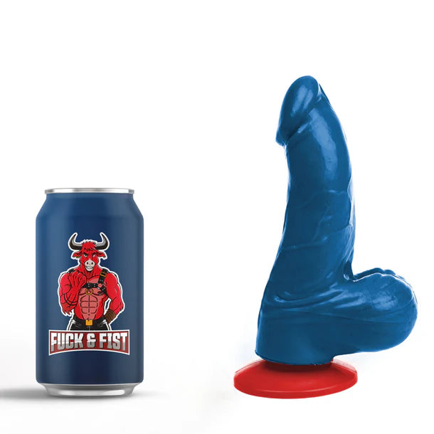 Blue penis-shaped object next to a can with a bull logo on a white background