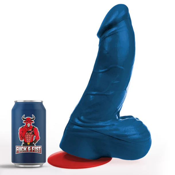 Blue textured dildo with balls next to a can with a graphic design on a white backgroundred