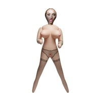 An inflatable female mannequin or air display figure with a realistic head, beige skin-toned body, black lace underwear, and fishnet stockings, shown against a plain white background.