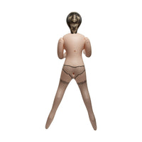A female mannequin or dress form photographed from the back, wearing sheer black fishnet stockings and underwear with a black lace trim, on a plain white background.