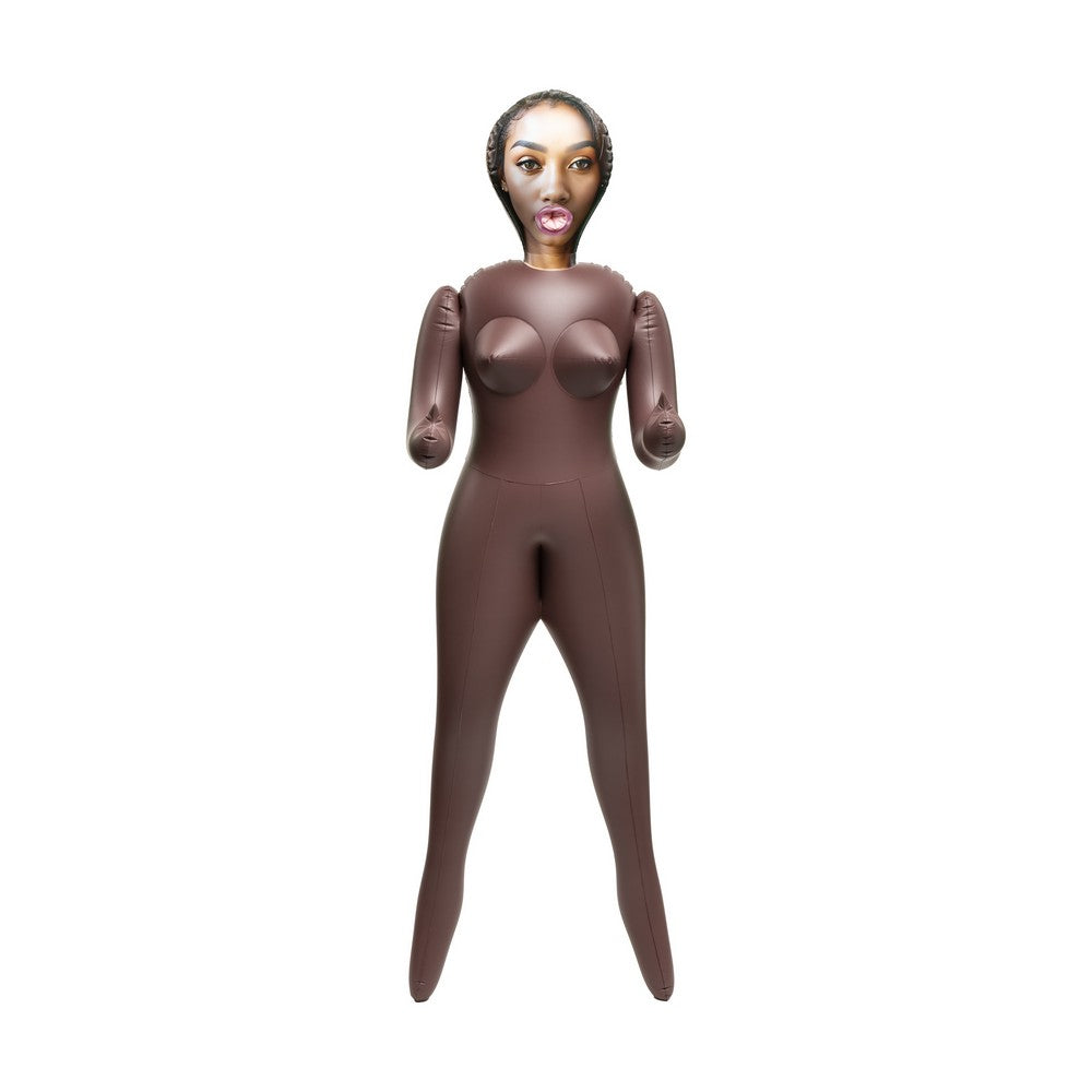 A full-body inflatable mannequin or display figure with a dark brown body and a printed female face on the head, shown against a plain white background.
