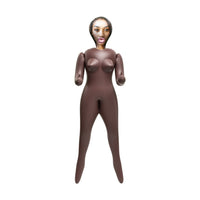 A full-body inflatable mannequin or display figure with a dark brown body and a printed female face on the head, shown against a plain white background.