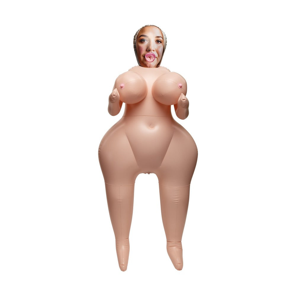 An inflatable adult novelty toy shaped like a chubby woman with a realistic printed face on the head, shown against a plain white background.