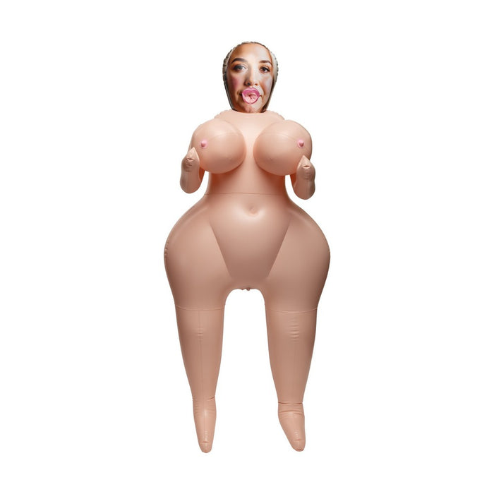 An inflatable adult novelty toy shaped like a chubby woman with a realistic printed face on the head, shown against a plain white background.