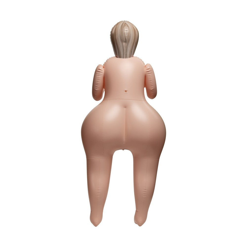 An inflatable adult sex doll with a realistic flesh-toned body, blonde wig, and black hair accessories, shown from behind on a solid white background.