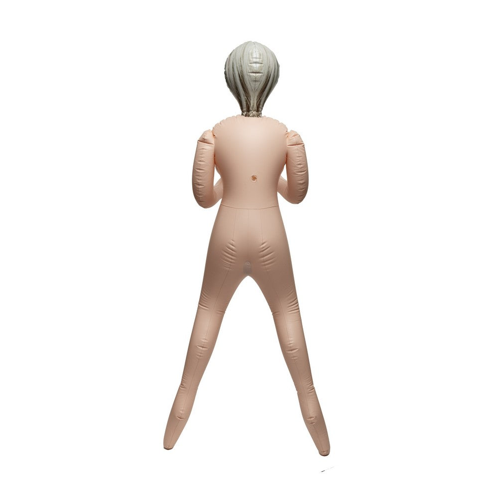 An inflatable mannequin figure of a female character viewed from the back, featuring a flesh-toned body and short gray-green hair, isolated on a white background.