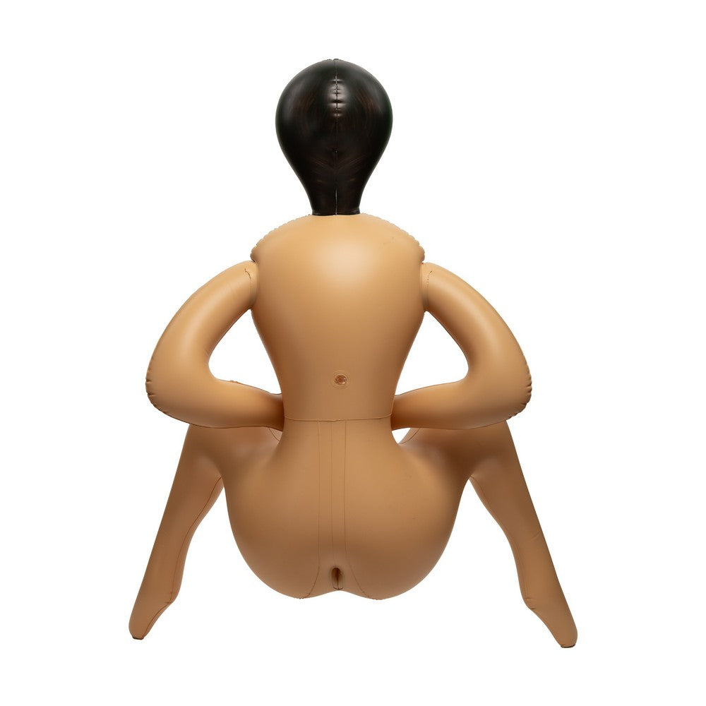 An inflatable adult novelty toy mannequin with a realistic tan skin tone and a glossy black head, shown from the back against a solid white background.
