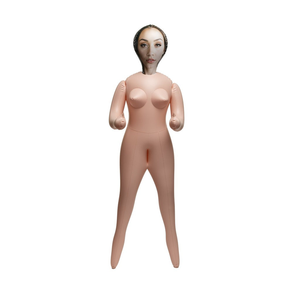 A full-body inflatable mannequin or dress form with a female figure design, featuring a printed face and smooth flesh-toned plastic body, shown against a plain white background.