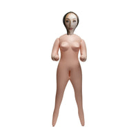 A full-body inflatable mannequin or dress form with a female figure design, featuring a printed face and smooth flesh-toned plastic body, shown against a plain white background.