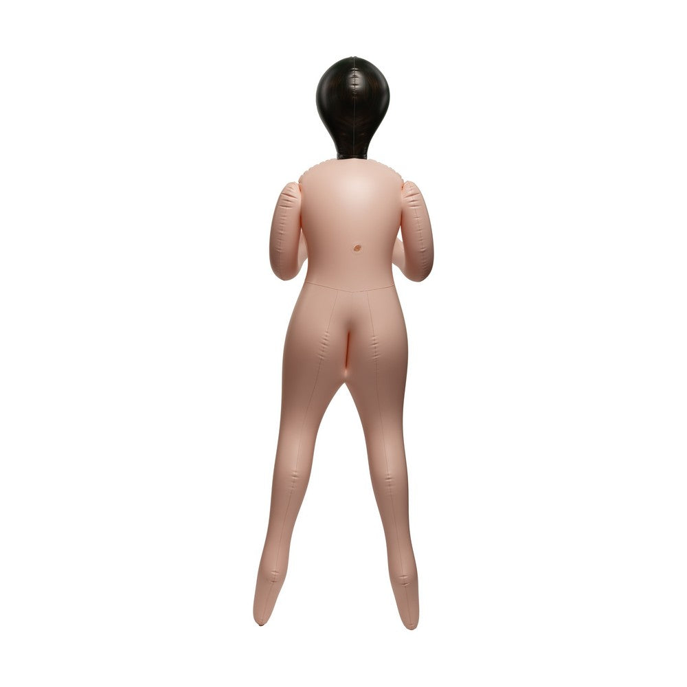 An inflatable adult sex doll mannequin shown from the back, featuring a flesh-toned body and a black head, isolated on a white background.