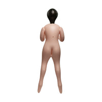 An inflatable adult sex doll mannequin shown from the back, featuring a flesh-toned body and a black head, isolated on a white background.