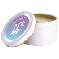 circular metal tin soy massage candle vanilla sugar scent with purple and blue lid