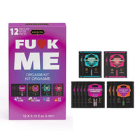 Purple 'F*ck Me' orgasm kit packaging with smaller product packages displayed on a white background.