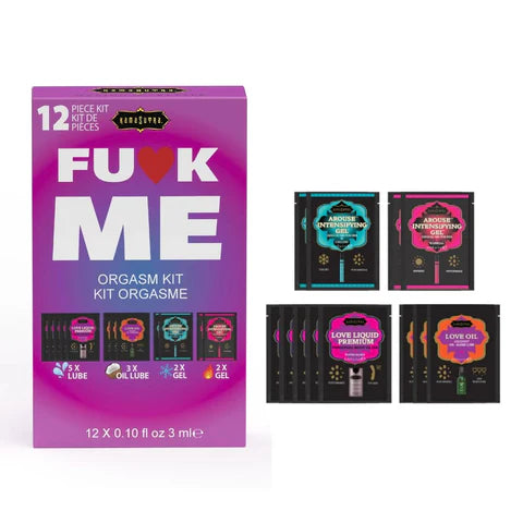 Purple 'F*ck Me' orgasm kit packaging with smaller product packages displayed on a white background.