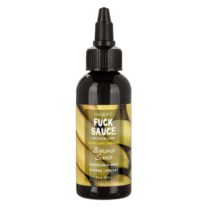 Bottle of 'Fuck Sauce Banana Sauce' personal lubricant on a white background