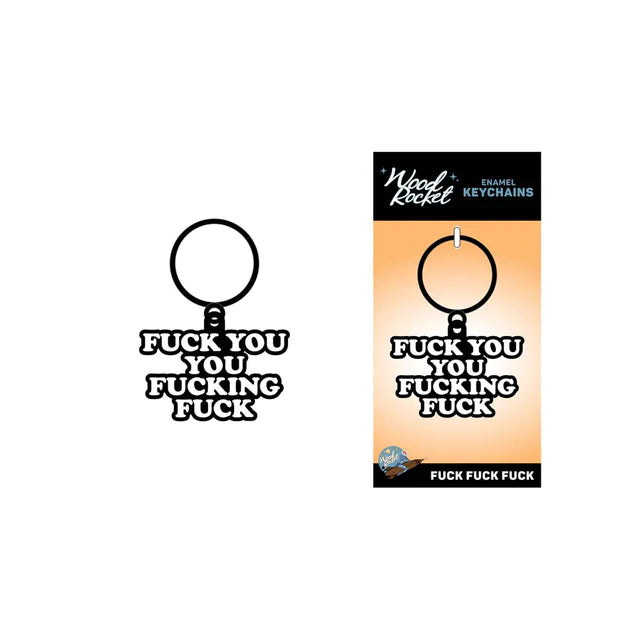 This image features a bold and humorous keychain designed by Wood Rocket. The keychain carries the explicit phrase "F-You" repeated multiple times in a row, amplifying its irreverent appeal.