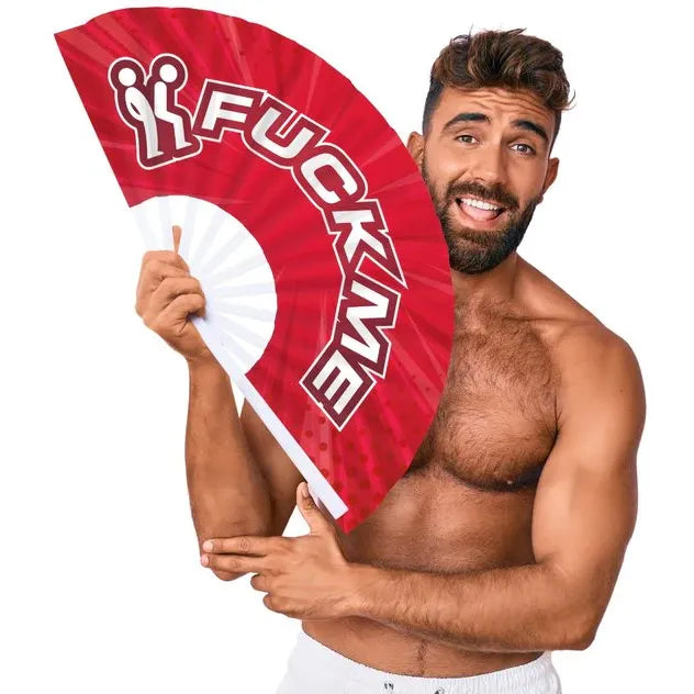 Man holding a red fan with 'FUCK ME' text against a white background