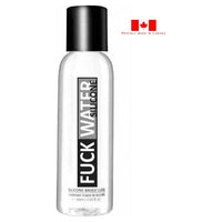 clear bottle of silicone fuckwater lubricant, proudly made in canada