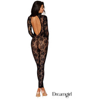 brunette female wearing Seamless floral lace footless catsuit with long sleeves, built-in fingered gloves, a high stretch lace collar with a neck snap closure and a keyhole back cutout. 