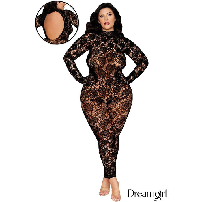 brunette female wearing Seamless floral lace footless catsuit with long sleeves, built-in fingered gloves, a high stretch lace collar with a neck snap closure, plus size