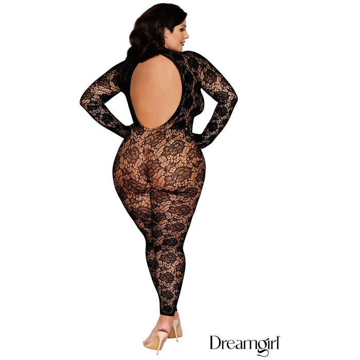brunette female wearing Seamless floral lace footless catsuit with long sleeves, built-in fingered gloves, a high stretch lace collar with a neck snap closure and a keyhole back cutout. plus size