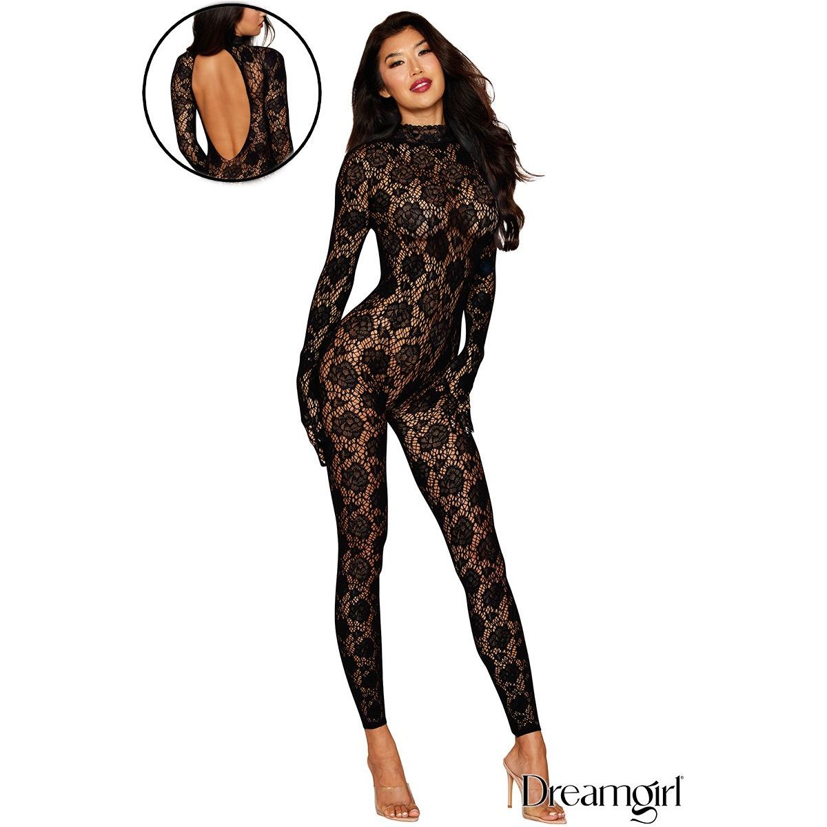 brunette female wearing Seamless floral lace footless catsuit with long sleeves, built-in fingered gloves, a high stretch lace collar with a neck snap closure