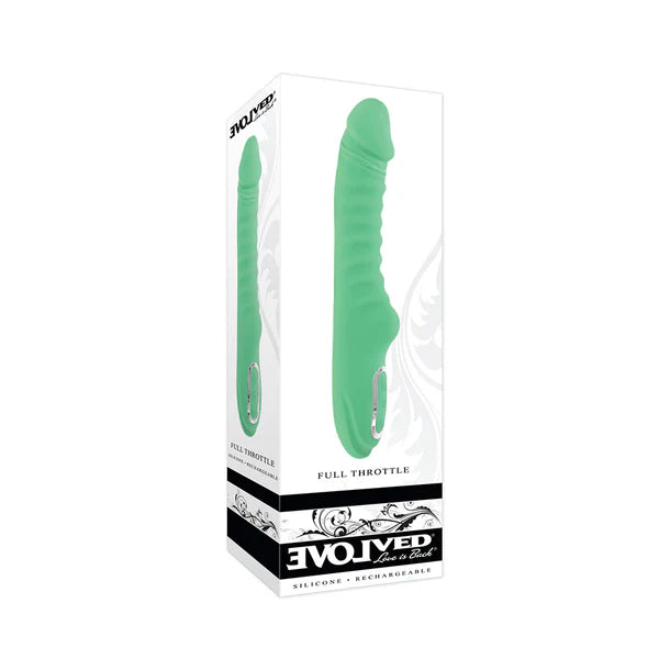 Green full throttle vibrator in a white box with 'Evolved' branding on a white background