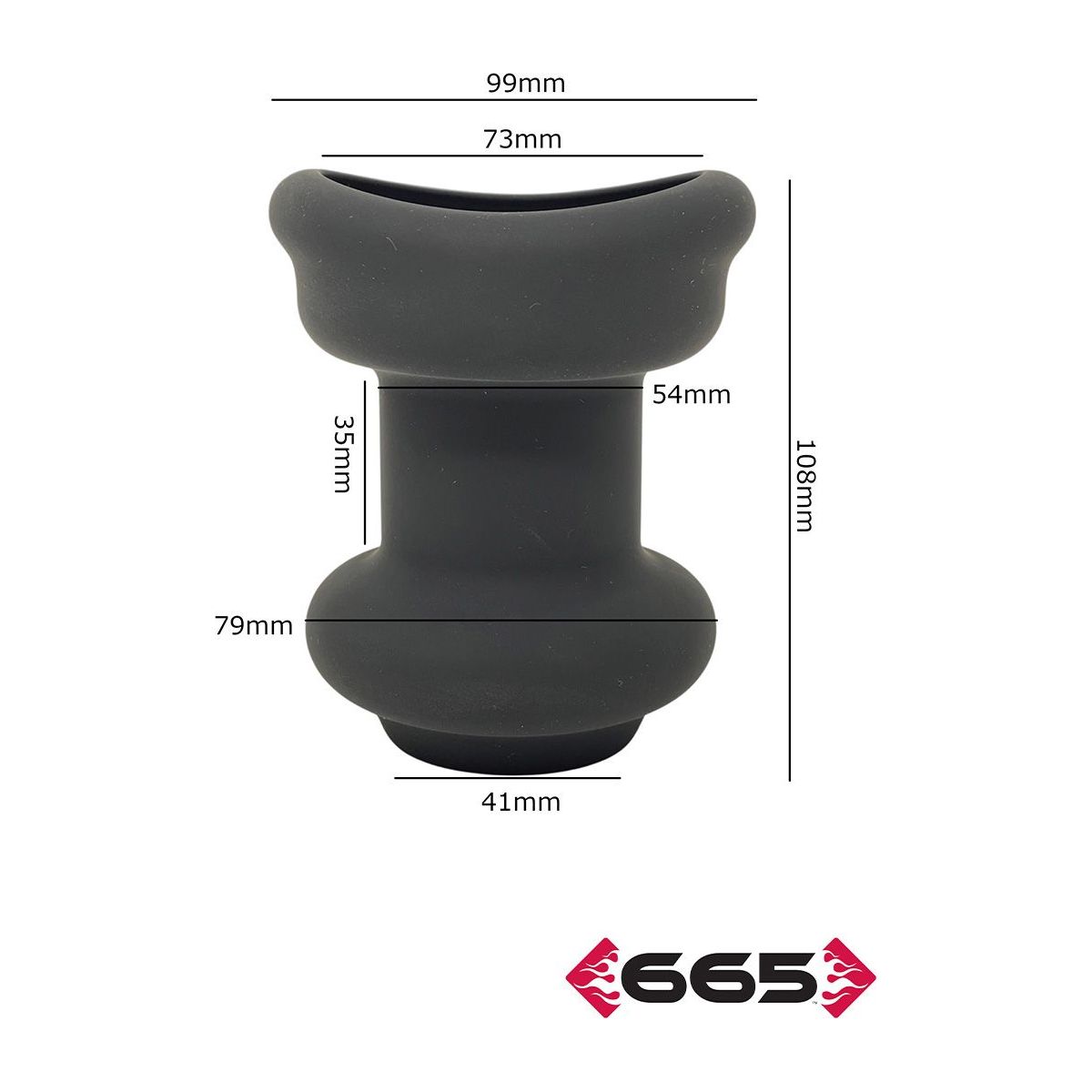 Black funnel anal plug with dimensions labeled on a white background