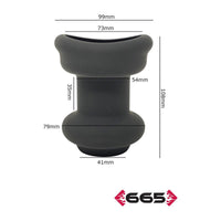 Black funnel anal plug with dimensions labeled on a white background