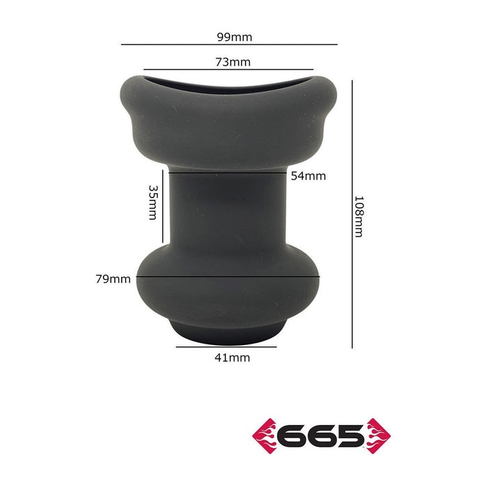 Black funnel anal plug with dimensions labeled on a white background